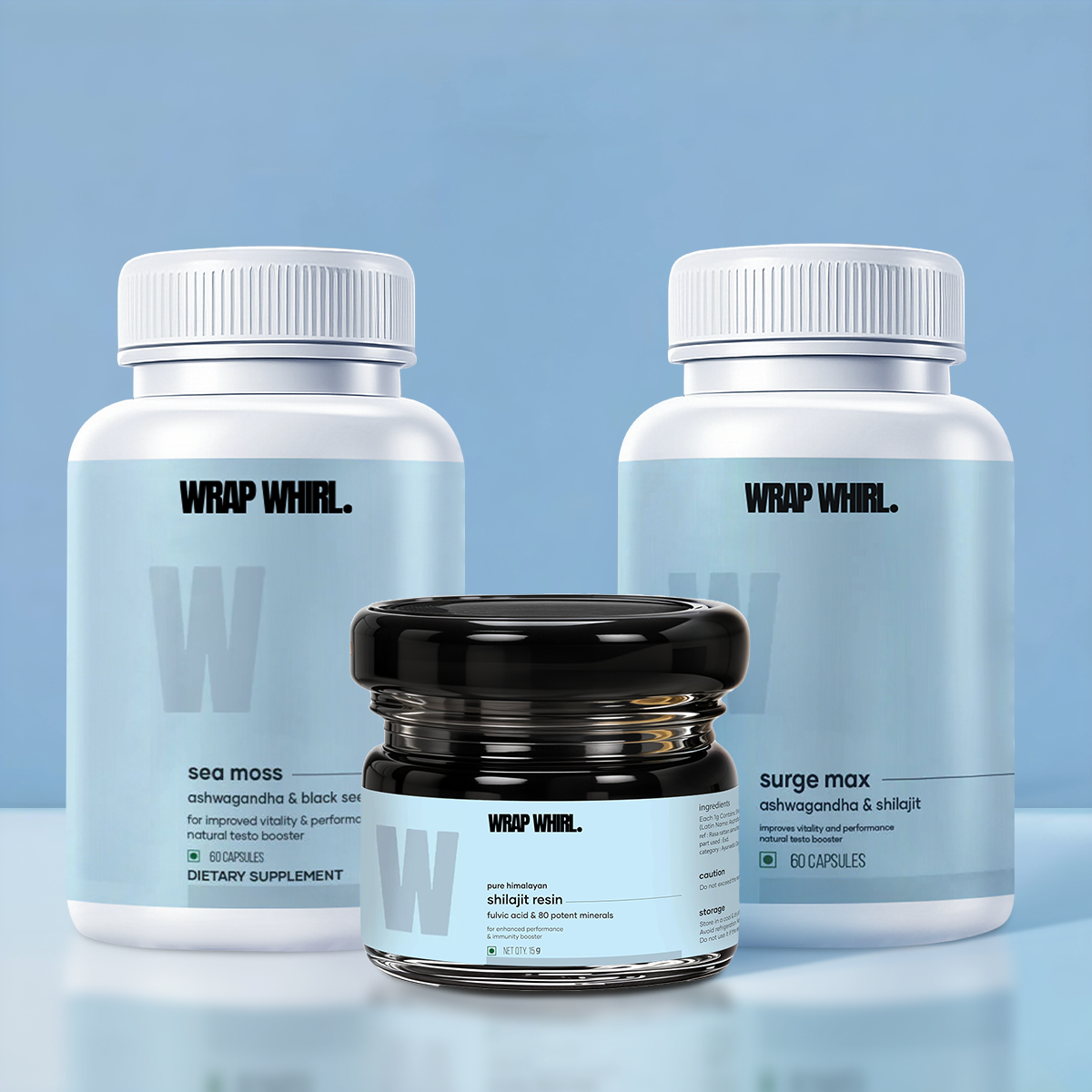 Wrap Whirl By GHCPerformance Plus Combo: Pure Himalayan Shilajit Resin, Natural Ashwagandha Caps & Natural Sea Moss Caps