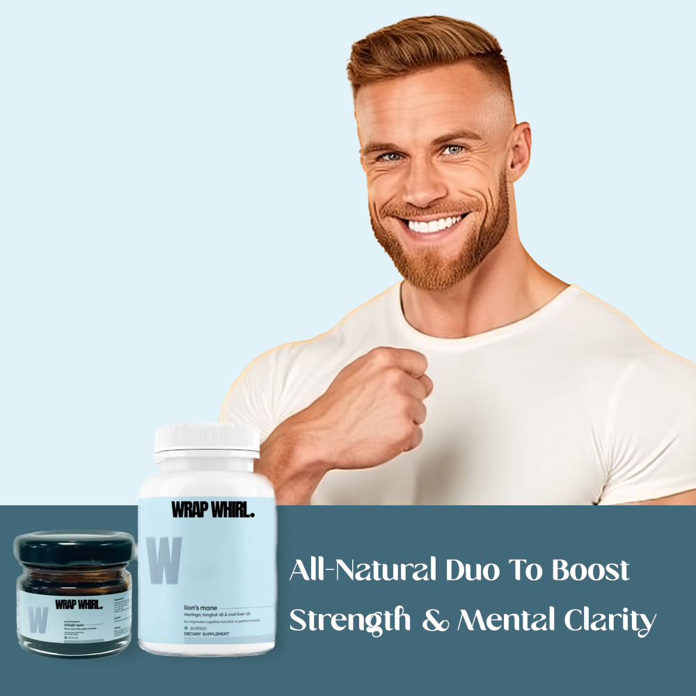 Wrap Whirl Strength Max Combo: Pure Himalayan Shilajit & Lion’s Mane Caps Powered With Tongkat Ali