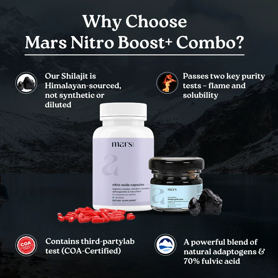 Mars Nitro Boost+ - Pure Himalayan Shilajit Gold Resin & Nitric Oxide Capsules