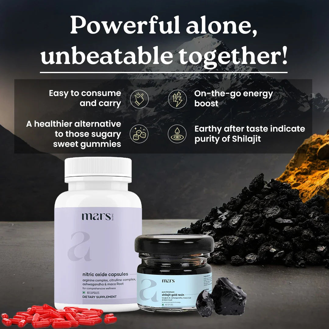 Mars Nitro Boost+ - Pure Himalayan Shilajit Gold Resin & Nitric Oxide Capsules