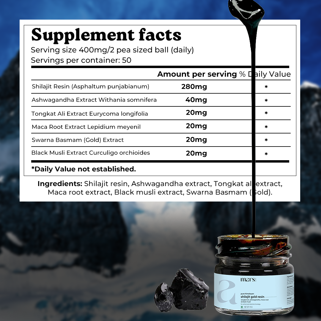 Mars Pure Himalayan Shilajit Gold Resin: Powered with Ashwagandha, Maca Root & Black Musli