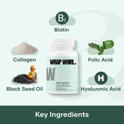 Wrap Whirl Hair Growth Capsules: Powered with Biotin, Collagen, Black Seed Oil & Folic Acid