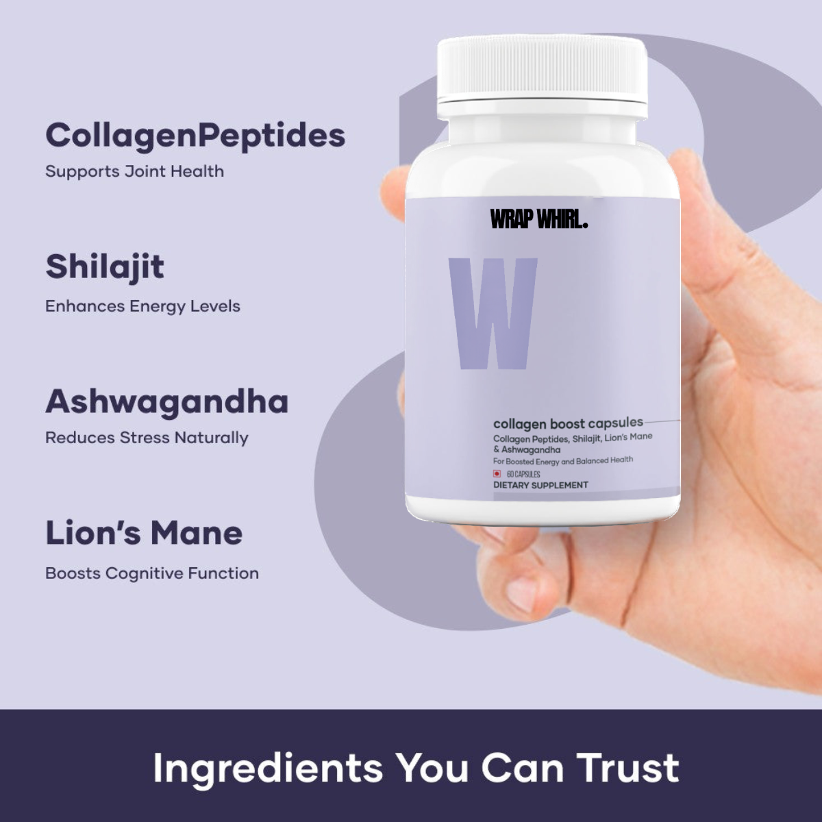 Wrap Whirl Collagen Boost Capsules Powered with Tri-Peptides, Shilajit, Ashwagandha & Lion's Mane – Skin, Joint, and Brain Health Support (60N)