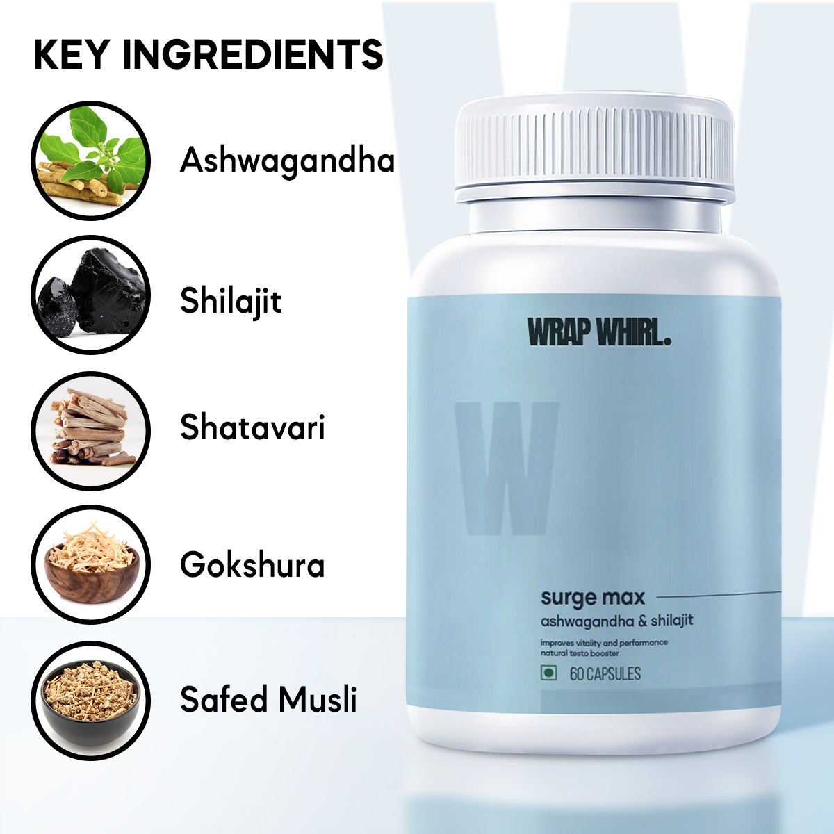 Wrap Whirl Natural Ashwagandha Caps: Powered with Shilajit & Safed Musli