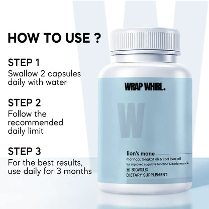 Wrap Whirl Pure Lion's Mane Caps: Powered with Moringa, Tongkat Ali & Cod Liver Oil (60 N)