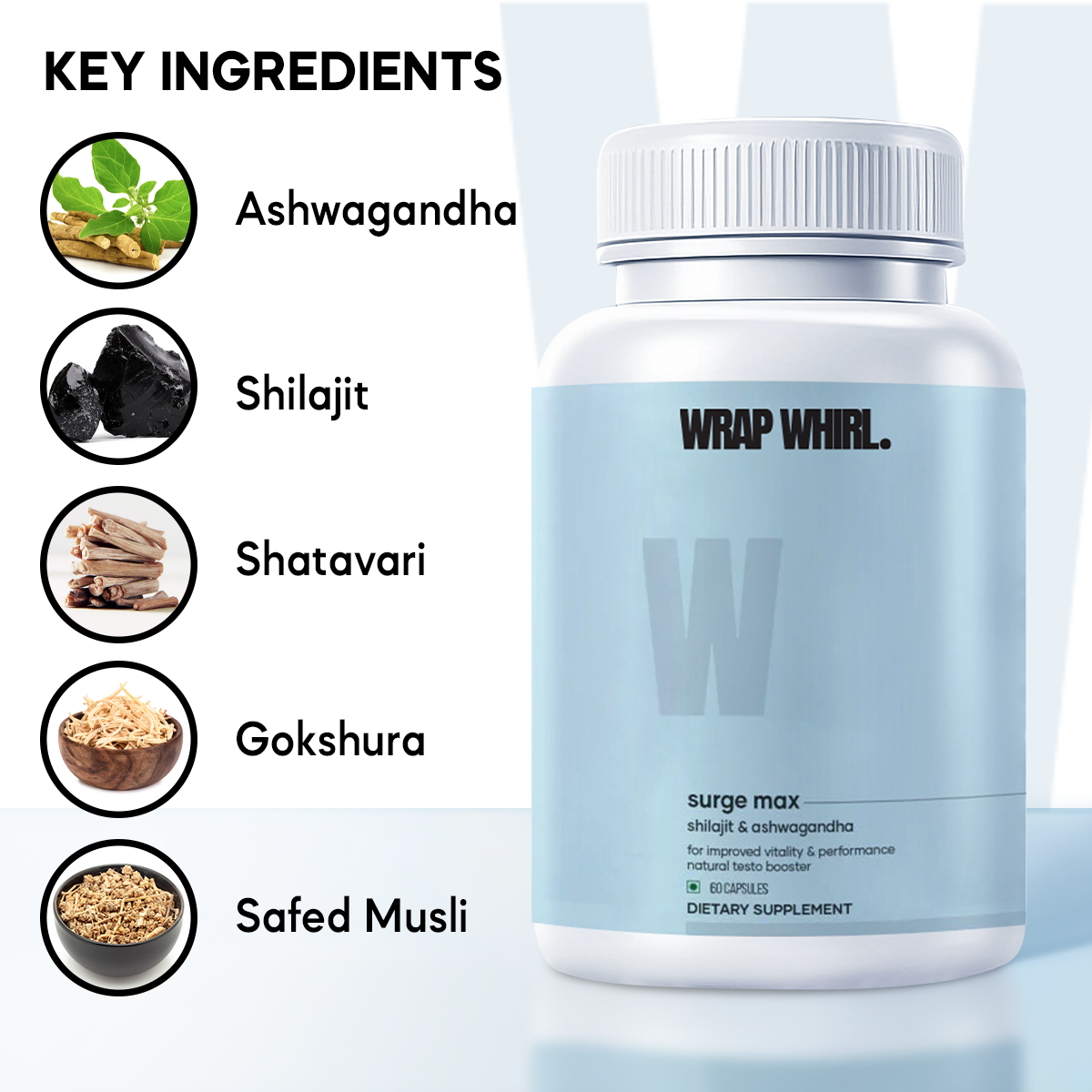 Wrap Whirl Natural Ashwagandha Caps: Powered with Shilajit & Safed Musli