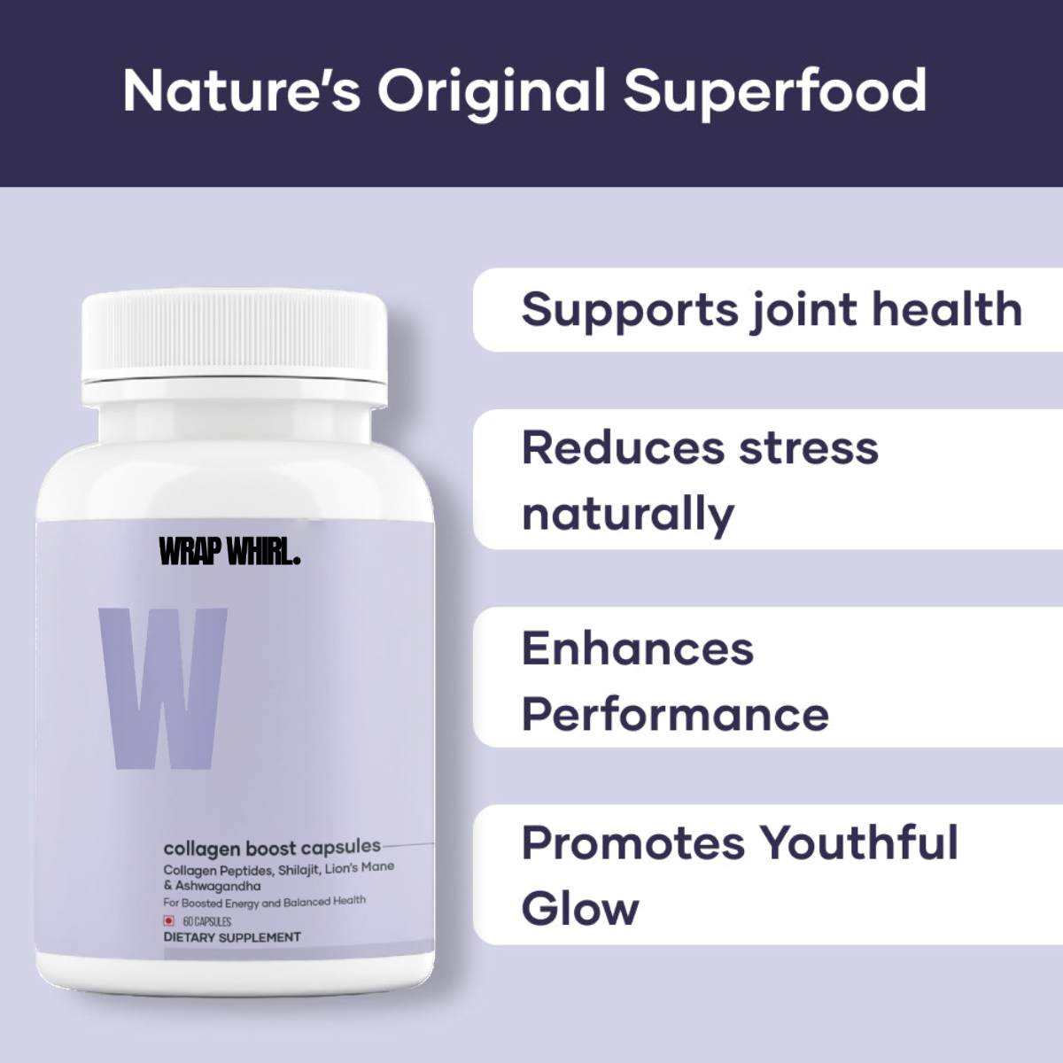 Wrap Whirl Collagen Boost Capsules Powered with Tri-Peptides, Shilajit, Ashwagandha & Lion's Mane – Skin, Joint, and Brain Health Support (60N)