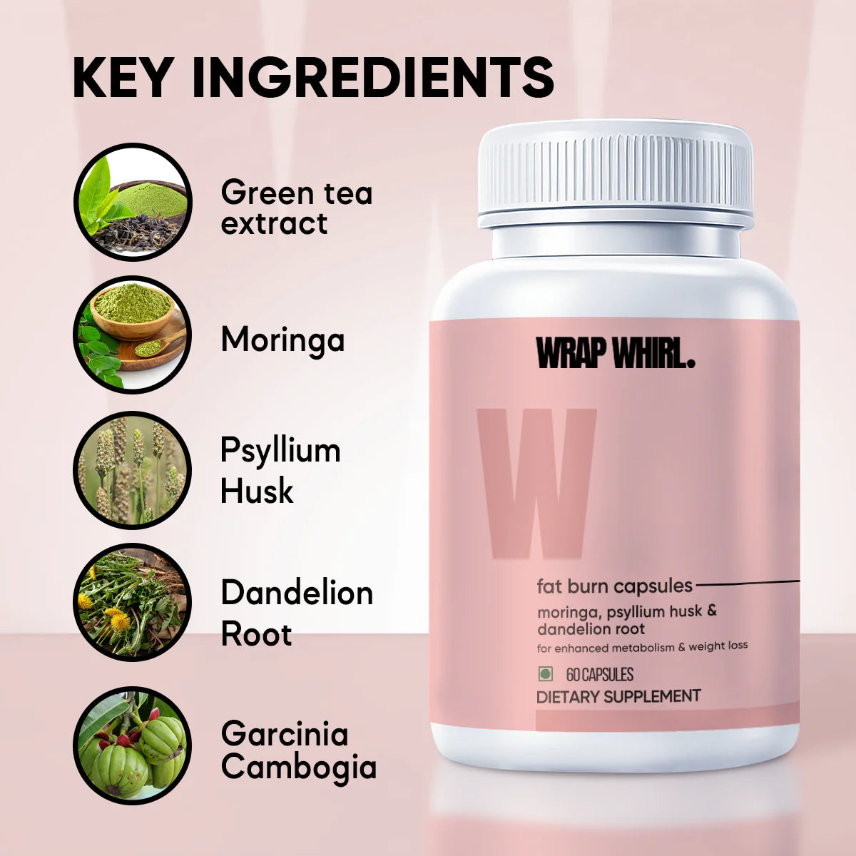 Wrap Whirl. BurnIt Capsules: Powered With Psyllium Husk, Moringa & Dandelion Root