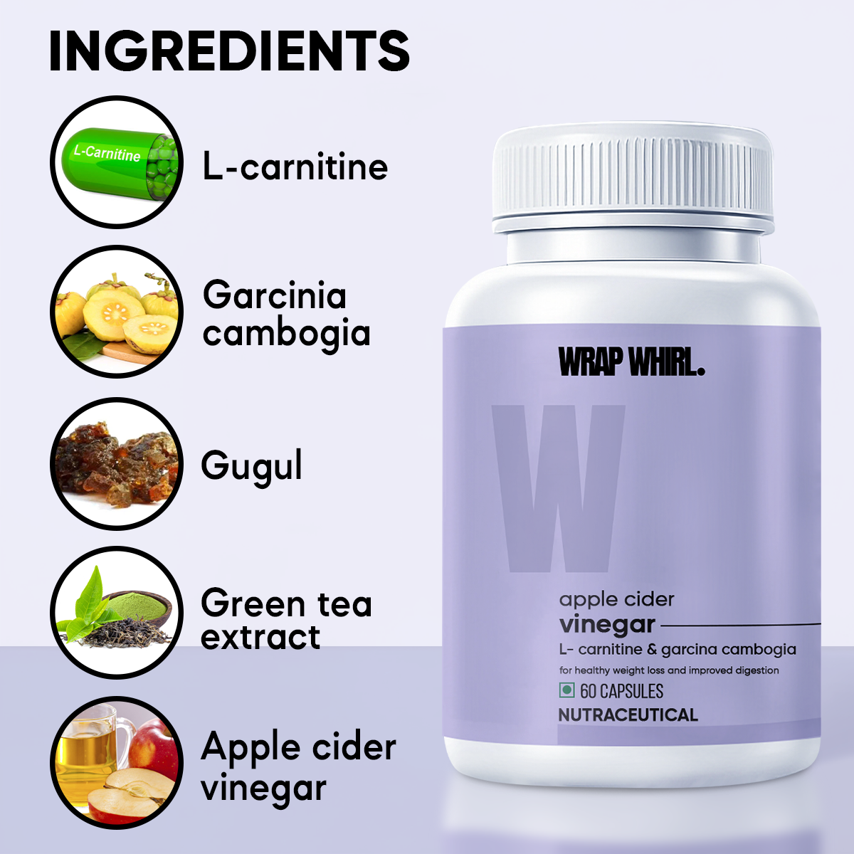 Wrap Whirl Apple Cider Vinegar Caps: Powered with L-Carnitine, Garcinia Cambogia