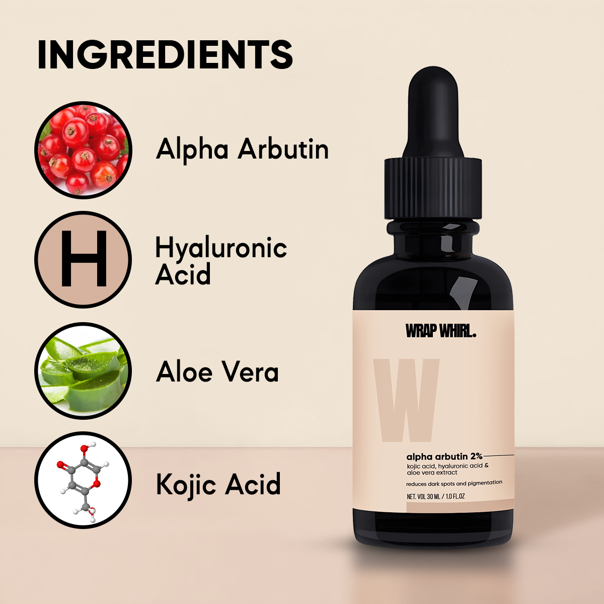 Wrap Whirl 2% Alpha Arbutin Serum: With Kojic Acid, Hyaluronic Acid & Aloe Vera Extract