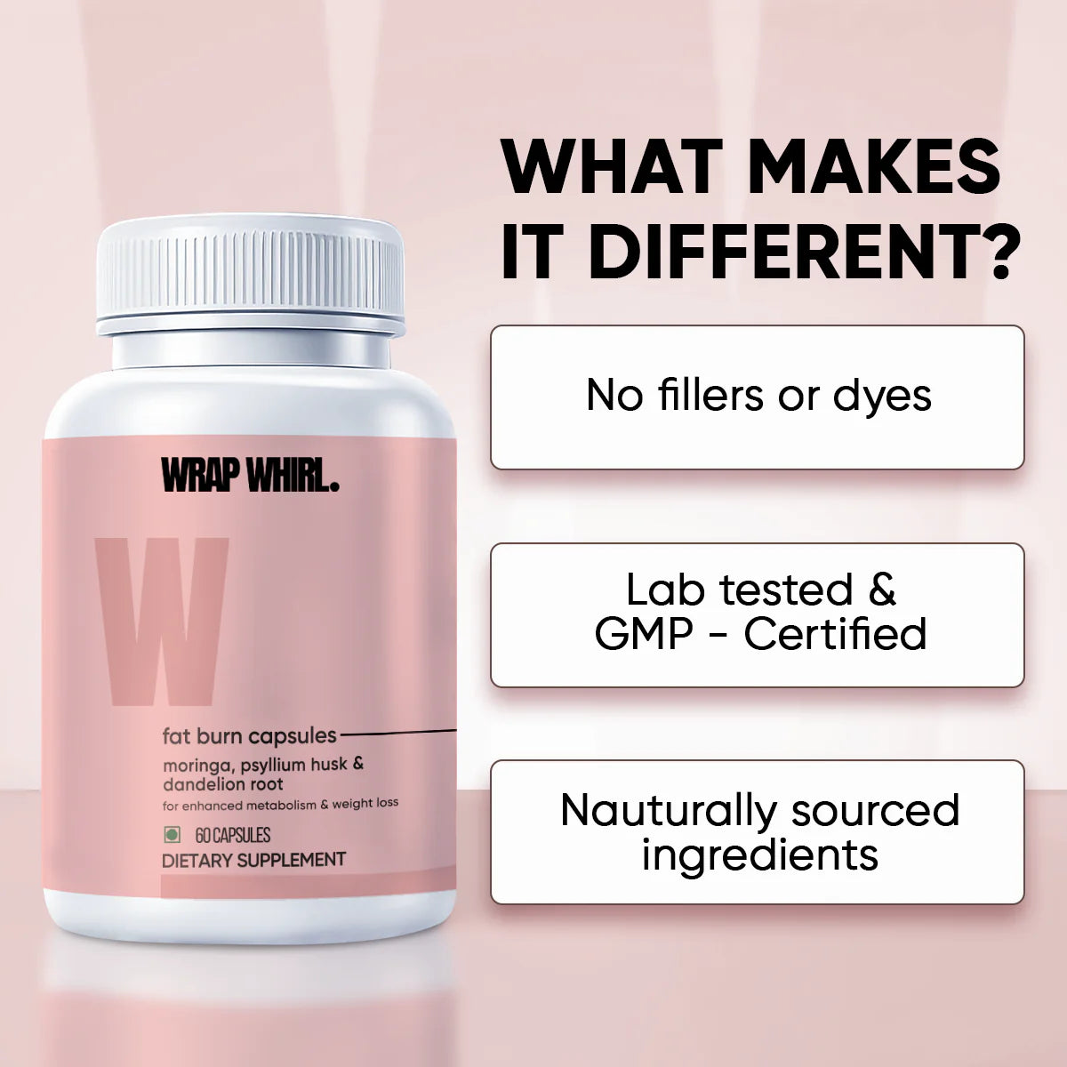 Wrap Whirl Fat Burn Capsules : Powered With Psyllium Husk, Moringa & Dandelion Root