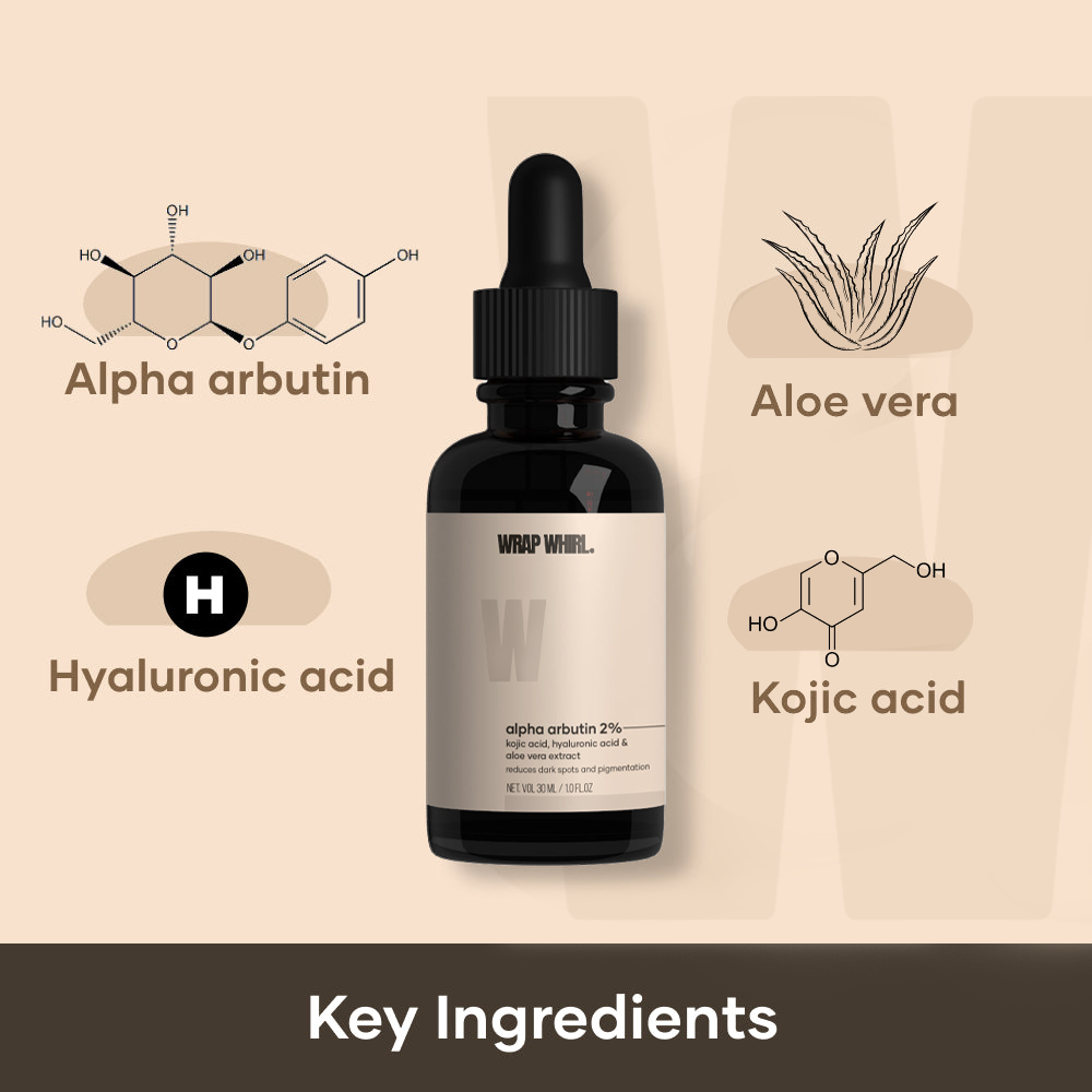 Wrap Whirl 2% Alpha Arbutin Serum: With Kojic Acid, Hyaluronic Acid & Aloe Vera Extract