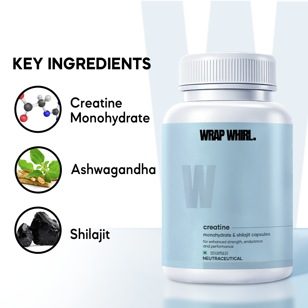 Wrap Whirl Peak Performance Combo: Ashwagandha Capsules & Micronized Creatine Monohydrate Capsules