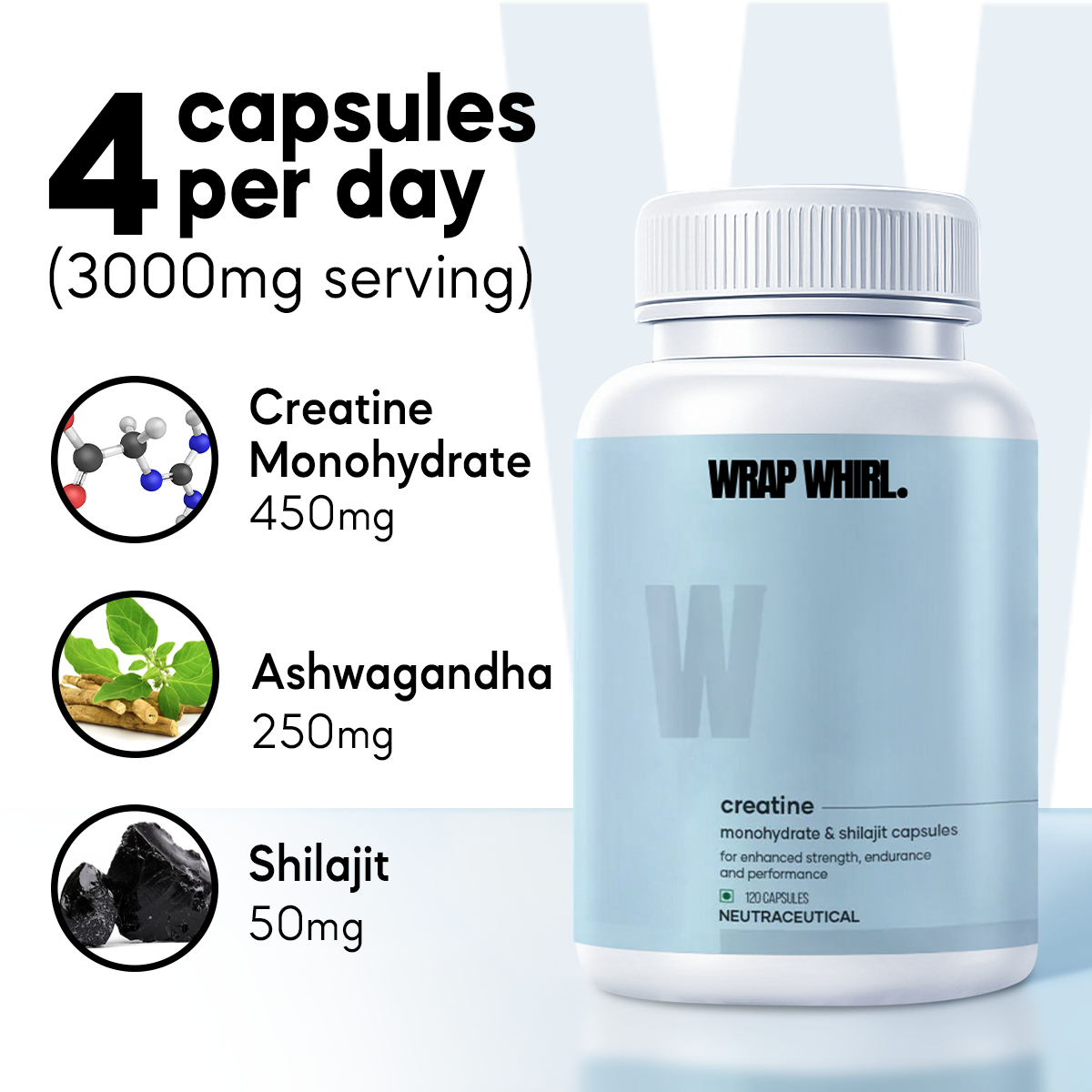 Wrap Whirl Peak Performance Combo: Ashwagandha Capsules & Micronized Creatine Monohydrate Capsules