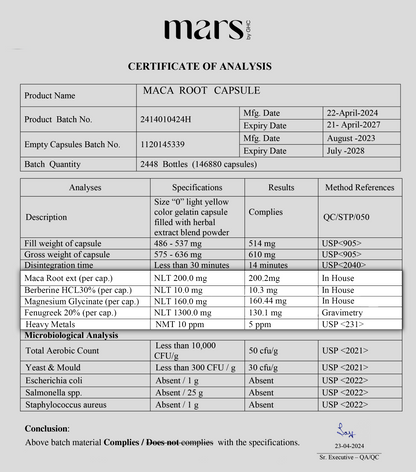 Mars Maca Root Caps (Ginseng): Powered With Magnesium & Berberine