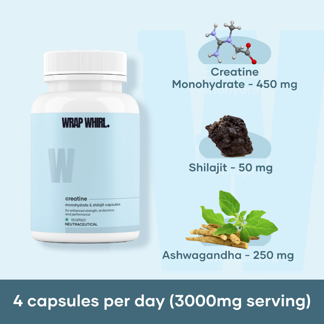 Wrap Whirl Micronized Creatine Monohydrate Caps: Powered with Shilajit (120 N)